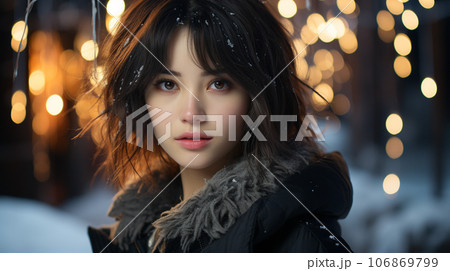 夜景をバックに立つシリアスな表情の女性 106869799