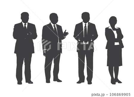 Business people group gray silhouettes pose on white background, flat line vector and illustration. 106869905