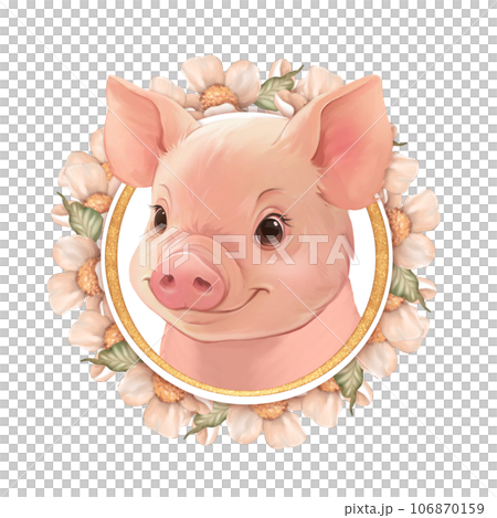Cute pig portrait with floral frame. Illustration Cute pig portrait with floral frame. Illustration 106870159