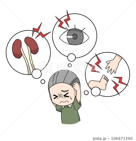 糖尿病の合併症におびえる高齢男性のイラスト 糖尿病の合併症におびえる高齢男性のイラスト 106871380