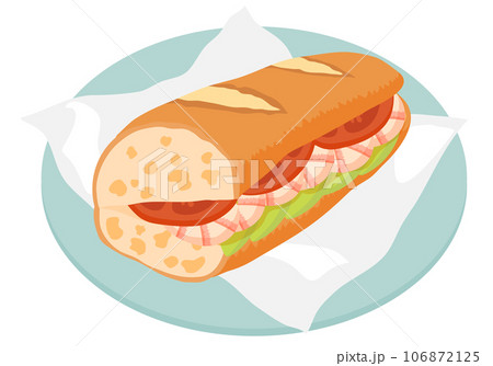 ブルーの皿に乗せたバゲットにエビとアボカドを挟んだサンドイッチ 106872125