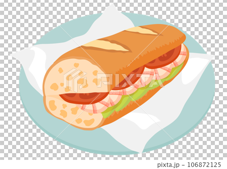 ブルーの皿に乗せたバゲットにエビとアボカドを挟んだサンドイッチ 106872125