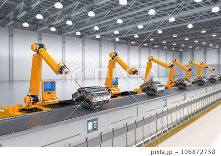 Automation automobile factory with robot assembly line with car engine or machine in factory 106872758
