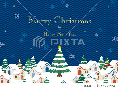 クリスマスの街並み　青いヘリンボーン柄の背景　文字あり 106872998