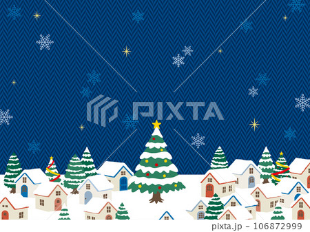 クリスマスの街並み　青いヘリンボーン柄の背景　文字なし 106872999