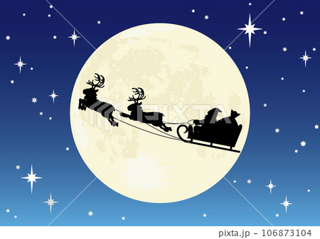 クリスマスの夜に星空の中をトナカイのソリで飛ぶサンタクロースの