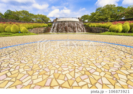 秋の国営みちのく杜の湖畔公園　彩りの広場のコキアのグラデーション　宮城県川崎町 106873921