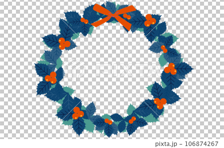 Christmas wreath frame made of ribbon and holly 106874267