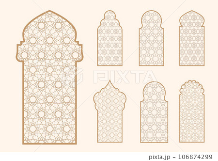 Islamic window shape with mashrabiya pattern. Arabic door frame. Islamic arhitecture elements of window and door and mashrabiya pattern. Islamic window shape with mashrabiya pattern. Arabic door frame. Islamic arhitecture elements of window and door and mashrabiya pattern. 106874299