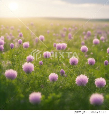 Flower meadow in the light of the setting sun Flower meadow in the light of the setting sun 106874878