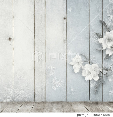 Christmas background with snowflakes and white flowers on vintage wooden wall Christmas background with snowflakes and white flowers on vintage wooden wall 106874880