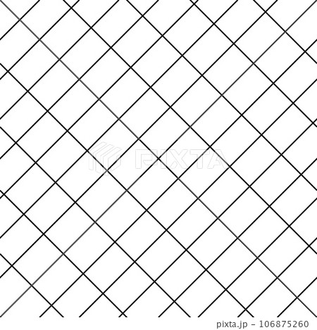 Diagonal cross line grid seamless pattern. Geometric diamond texture. Black diagonal line mesh on white background. Minimal quilted fabric. Metallic wires fence pattern. Vector illustration 106875260