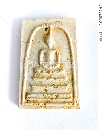 Thai old buddha amulet on white background. 106875293