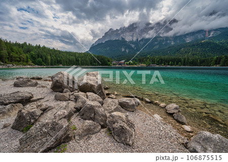 Zugspitze Peak top of Germany Alps mountain range and Eibsee Lake, Garmisch Partenkirchen Germany 106875515