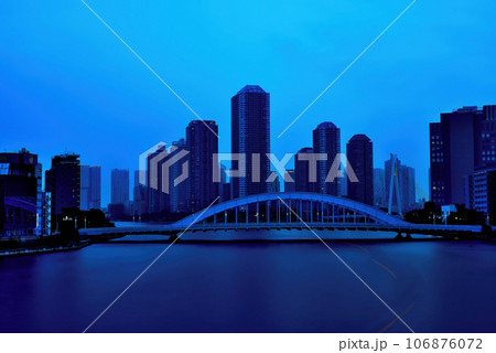 隅田川大橋からみる永代橋と屋形船の光跡と超高層マンション群の風景 隅田川大橋からみる永代橋と屋形船の光跡と超高層マンション群の風景 106876072
