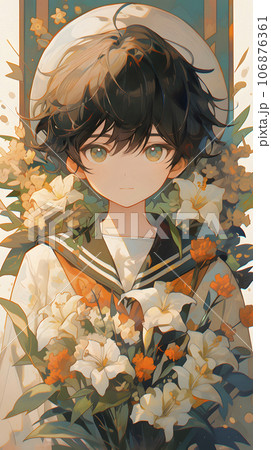 たくさんの綺麗な花に囲まれたセーラー服の少年（AI生成画像） 106876361