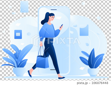 illustration of a young business woman shopping via mobile 106876448