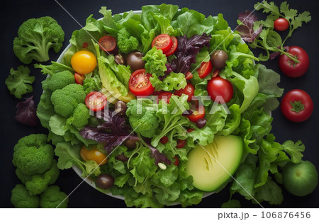 Fresh salad with avocado tomatoes olives and lettuce on black background 106876456