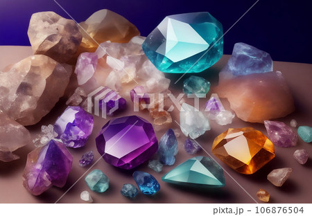 Gemstones and crystals on a dark background Gemstones and crystals on a dark background 106876504