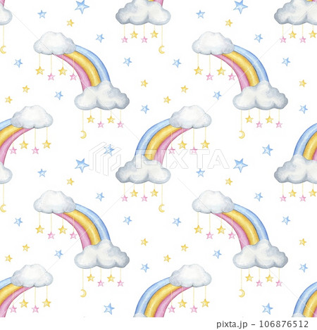 Seamless pattern with rainbows and clouds. watercolor 106876512
