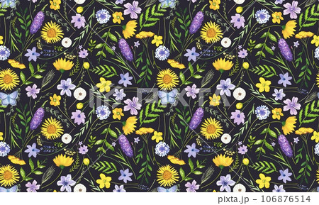 Hand drawn floral pattern with watercolor  meadow flowers and leaves 106876514