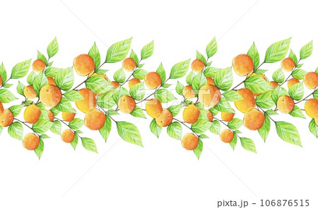 Seamless border with peach tree branches, peaches. Watercolor 106876515
