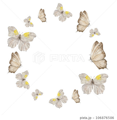 Circle wreath with moth or white butterfly. Hand draw watercolor Insect illustration for posters, invitation and greeting cards. Circle wreath with moth or white butterfly. Hand draw watercolor Insect illustration for posters, invitation and greeting cards. 106876586