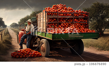 Recreation artistic of farm truck container full of red tomatoes just harvested. Illustration AI 106876890