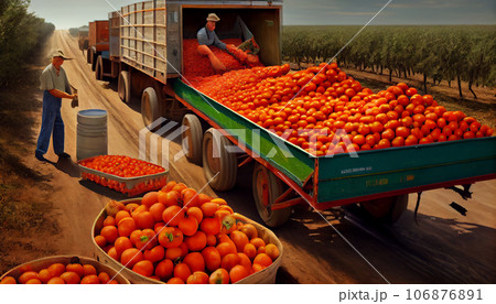 Artistic recreation of workers loading red tomatoes harvested in a truck in a plantation. Illustration AI Artistic recreation of workers loading red tomatoes harvested in a truck in a plantation. Illustration AI 106876891