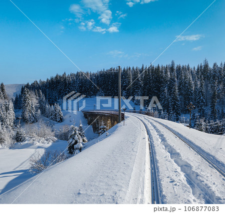 Stone viaduct (arch bridge) on railway through mountain snowy fir forest. Snow drifts on wayside and hoarfrost on trees and electric line wires. Stone viaduct (arch bridge) on railway through mountain snowy fir forest. Snow drifts on wayside and hoarfrost on trees and electric line wires. 106877083