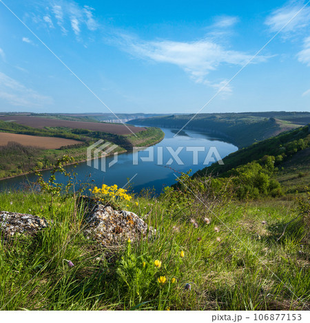 Amazing spring view on the Dnister River Canyon with picturesque rocks, fields, flowers. This place named Shyshkovi Gorby,  Nahoriany, Chernivtsi region, Ukraine. 106877153