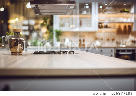 Blurred modern kitchen view. Scandinavian kitchen, minimalist design white accents. Ideal for product display or design layouts Blurred modern kitchen view. Scandinavian kitchen, minimalist design white accents. Ideal for product display or design layouts 106877183