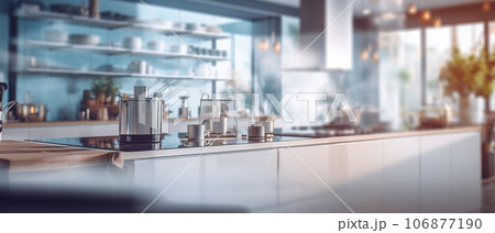 Blurred modern kitchen view. Scandinavian kitchen, minimalist design white accents. Ideal for product display or design layouts Blurred modern kitchen view. Scandinavian kitchen, minimalist design white accents. Ideal for product display or design layouts 106877190