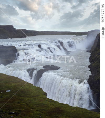 Picturesque full of water big waterfall Gullfoss autumn view, southwest Iceland. Picturesque full of water big waterfall Gullfoss autumn view, southwest Iceland. 106877193