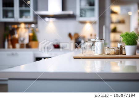 Blurred modern kitchen view. Scandinavian kitchen, minimalist design white accents. Ideal for product display or design layouts 106877194