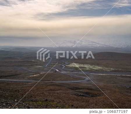 Autumn mountain views along the Kjolur Highland Road F35, Iceland, Europe. Autumn snowstorm beginning. Autumn mountain views along the Kjolur Highland Road F35, Iceland, Europe. Autumn snowstorm beginning. 106877197