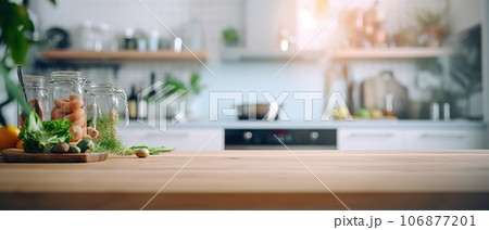 Blurred modern kitchen view. Scandinavian kitchen, minimalist design white accents. Ideal for product display or design layouts Blurred modern kitchen view. Scandinavian kitchen, minimalist design white accents. Ideal for product display or design layouts 106877201
