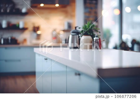 Blurred modern kitchen view. Scandinavian kitchen, minimalist design white accents. Ideal for product display or design layouts Blurred modern kitchen view. Scandinavian kitchen, minimalist design white accents. Ideal for product display or design layouts 106877206