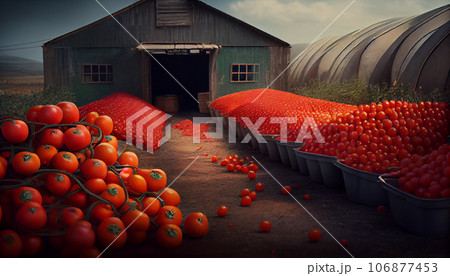Recreation artistic of ripe red tomatoes just recollected in a storage farm. Illustration AI Recreation artistic of ripe red tomatoes just recollected in a storage farm. Illustration AI 106877453