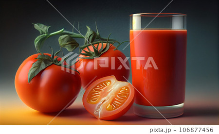 Artistic recreation of juice tomato in a glass together full tomatoes and cut half. Illustration AI 106877456