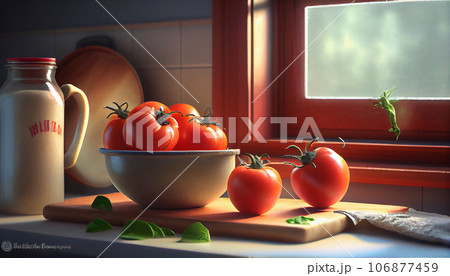 Recreation artistic of red tomatoes in a bowl with others red tomatoes in a wood table together a window of a kitchen. Illustration AI Recreation artistic of red tomatoes in a bowl with others red tomatoes in a wood table together a window of a kitchen. Illustration AI 106877459