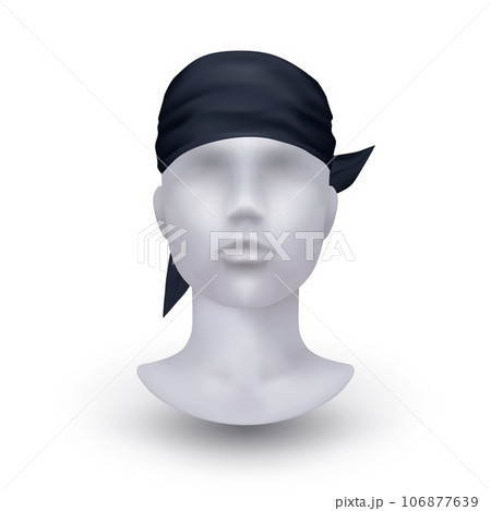 Bandana on mannequin. Realistic isolated element. Black textile headwear, unisex accessory for head and hair. Men and women casual trendy clothes, biker cotton scarf for head. Vector 3d illustration 106877639