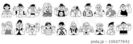 Doodle people. hand drawn sketch style women and men, body language and different emotions, pointing, surprise and expression, characters communication. Social media user avatars. Vector outline set Doodle people. hand drawn sketch style women and men, body language and different emotions, pointing, surprise and expression, characters communication. Social media user avatars. Vector outline set 106877642