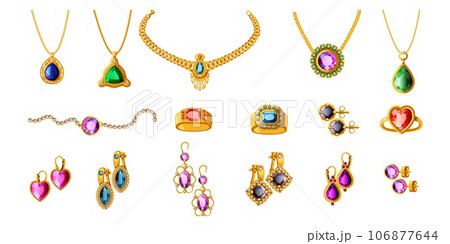 Gold jewellery. Old ring and elegant necklace. Antique crown with ruby or sapphire. Precious gem pendant. Fashion gift. Expensive earrings with diamonds. Jewel bracelet. Vector luxury accessories set 106877644