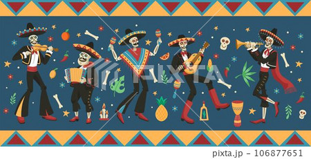 Dead Day. Halloween in Mexico. Traditional celebration. Mexican party with skulls and bones. Frida poster. Musicians with guitars and violins. Death skeleton. Catrina and music. Vector tidy background Dead Day. Halloween in Mexico. Traditional celebration. Mexican party with skulls and bones. Frida poster. Musicians with guitars and violins. Death skeleton. Catrina and music. Vector tidy background 106877651