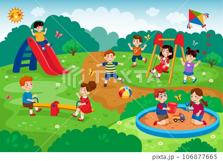 Children park. Kids playground. Little people playing in garden. Swing and sandbox. Outside game. Summer cute boy and girl walking in nature. Kindergarten leisure. Vector cartoon tidy illustration 106877665