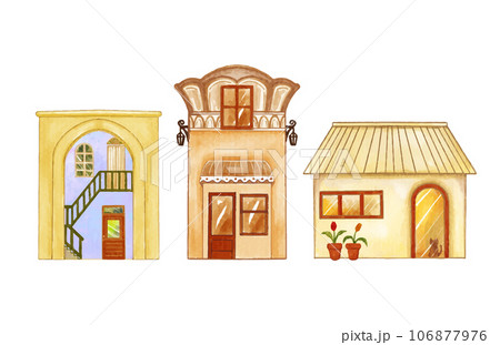 set of cute houses hand drawn buildings watercolor vector illustration 106877976