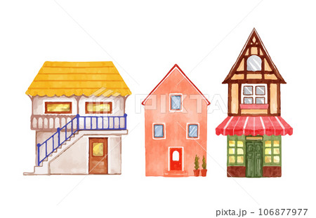 set of cute houses hand drawn buildings watercolor vector illustration 106877977