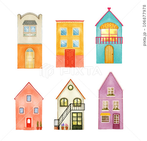 set of cute houses hand drawn buildings watercolor vector illustration 106877978