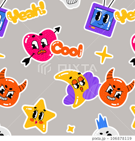 Various patches, badges, stamps, stickers. Set of funny cute characters. Various words. Hand drawn fashion vector illustration. Cartoon style. 106878119
